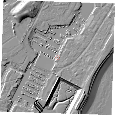 Shaded relief map of the ground around BN235PL, computed from Environment Agency LiDAR. The ground here sits at about 3 m above sea level and falls 15 m across the surrounding 800 m. Surface water reaching this point runs off ground lying to the south-east, 6.3 m higher.