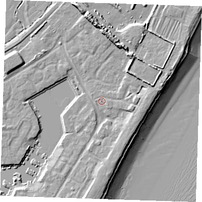 Shaded relief map of the ground around BN235PN, computed from Environment Agency LiDAR. The ground here sits at about 4 m above sea level and falls 14 m across the surrounding 800 m. Surface water reaching this point runs off ground lying to the east-north-east, 4.7 m higher.