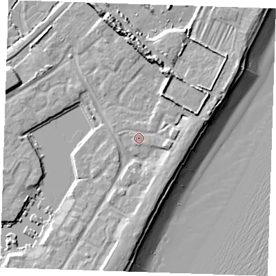 Shaded relief map of the ground around BN235PP, computed from Environment Agency LiDAR. The ground here sits at about 4 m above sea level and falls 14 m across the surrounding 800 m. Surface water reaching this point runs off ground lying to the east-north-east, 4.7 m higher.