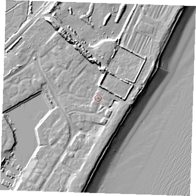 Shaded relief map of the ground around BN235PQ, computed from Environment Agency LiDAR. The ground here sits at about 5 m above sea level and falls 14 m across the surrounding 800 m. Surface water reaching this point runs off ground lying to the north-north-east, 4.3 m higher.