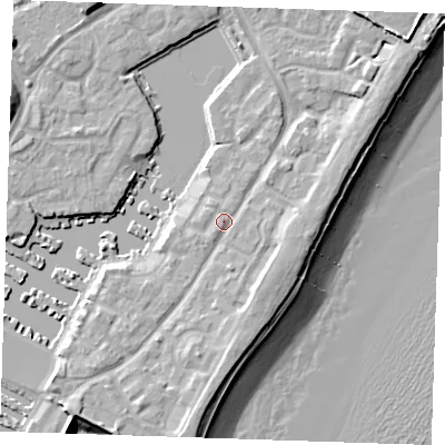 Shaded relief map of the ground around BN235PR, computed from Environment Agency LiDAR. The ground here sits at about 4 m above sea level and falls 12 m across the surrounding 800 m. Surface water reaching this point runs off ground lying to the south, 3.2 m higher.