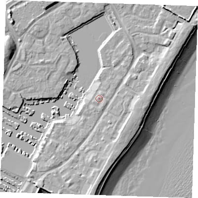 Shaded relief map of the ground around BN235PS, computed from Environment Agency LiDAR. The ground here sits at about 4 m above sea level and falls 12 m across the surrounding 800 m. Surface water reaching this point runs off ground lying to the east-south-east, 0.7 m higher.