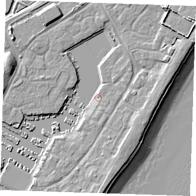 Shaded relief map of the ground around BN235PT, computed from Environment Agency LiDAR. The ground here sits at about 3 m above sea level and falls 12 m across the surrounding 800 m. Surface water reaching this point runs off ground lying to the south-south-east, 2.9 m higher.