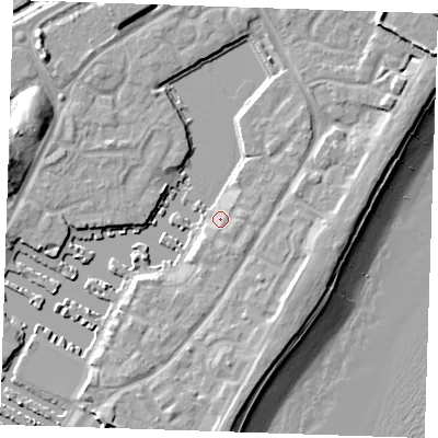 Shaded relief map of the ground around BN235PU, computed from Environment Agency LiDAR. The ground here sits at about 3 m above sea level and falls 13 m across the surrounding 800 m. Surface water reaching this point runs off ground lying to the east-south-east, 2.8 m higher.