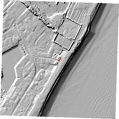 Shaded relief map of the ground around BN235PW, computed from Environment Agency LiDAR. The ground here sits at about 6 m above sea level and falls 14 m across the surrounding 800 m. Surface water reaching this point runs off ground lying to the south-south-east, 1.5 m higher.