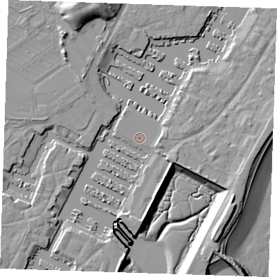 Shaded relief map of the ground around BN235PX, computed from Environment Agency LiDAR. The ground here sits at about 2 m above sea level and falls 15 m across the surrounding 800 m. The ground contributing surface water to this point lies to the east-south-east.