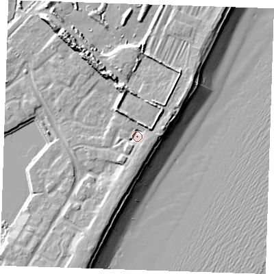 Shaded relief map of the ground around BN235PY, computed from Environment Agency LiDAR. The ground here sits at about 5 m above sea level and falls 14 m across the surrounding 800 m. Surface water reaching this point runs off ground lying to the north-east, 4.7 m higher.