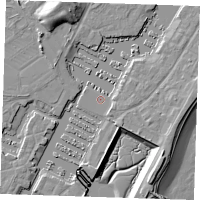 Shaded relief map of the ground around BN235PZ, computed from Environment Agency LiDAR. The ground here sits at about 2 m above sea level and falls 15 m across the surrounding 800 m. The ground contributing surface water to this point lies to the south.