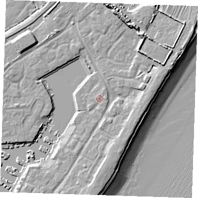 Shaded relief map of the ground around BN235QA, computed from Environment Agency LiDAR. The ground here sits at about 4 m above sea level and falls 13 m across the surrounding 800 m. Surface water reaching this point runs off ground lying to the east, 0.8 m higher.