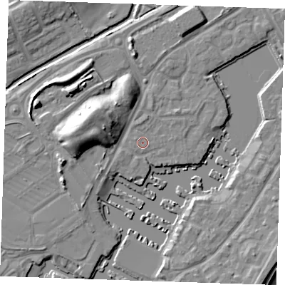 Shaded relief map of the ground around BN235QB, computed from Environment Agency LiDAR. The ground here sits at about 4 m above sea level and falls 11 m across the surrounding 800 m. Surface water reaching this point runs off ground lying to the north-north-west, 0.9 m higher.