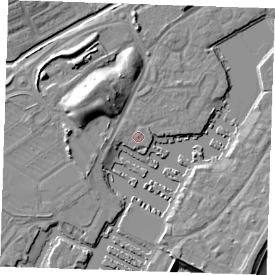 Shaded relief map of the ground around BN235QD, computed from Environment Agency LiDAR. The ground here sits at about 4 m above sea level and falls 13 m across the surrounding 800 m. Surface water reaching this point runs off ground lying to the west, 0.8 m higher.