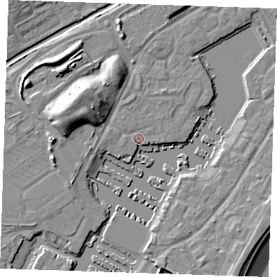 Shaded relief map of the ground around BN235QE, computed from Environment Agency LiDAR. The ground here sits at about 4 m above sea level and falls 14 m across the surrounding 800 m. Surface water reaching this point runs off ground lying to the west-north-west, 9.5 m higher.
