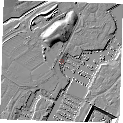 Shaded relief map of the ground around BN235QF, computed from Environment Agency LiDAR. The ground here sits at about 3 m above sea level and falls 14 m across the surrounding 800 m. Surface water reaching this point runs off ground lying to the north-north-west, 9.7 m higher.