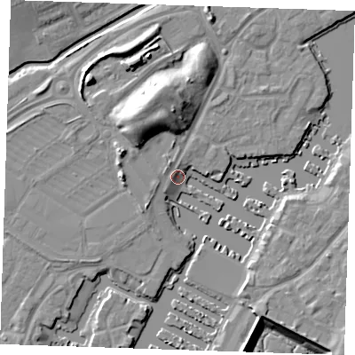 Shaded relief map of the ground around BN235QG, computed from Environment Agency LiDAR. The ground here sits at about 3 m above sea level and falls 14 m across the surrounding 800 m. Surface water reaching this point runs off ground lying to the north-north-west, 9.7 m higher.