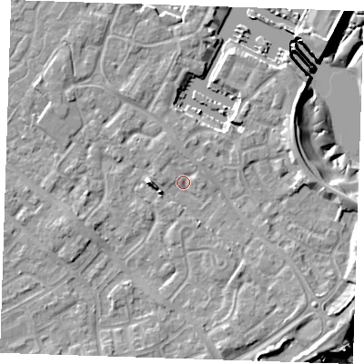 Shaded relief map of the ground around BN235RA, computed from Environment Agency LiDAR. The ground here sits at about 4 m above sea level and falls 11 m across the surrounding 800 m. Surface water reaching this point runs off ground lying to the west, 3.8 m higher.