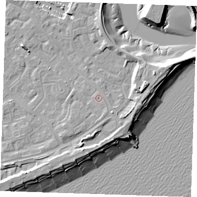 Shaded relief map of the ground around BN235RB, computed from Environment Agency LiDAR. The ground here sits at about 5 m above sea level and falls 13 m across the surrounding 800 m. Surface water reaching this point runs off ground lying to the south-south-east, 1.1 m higher.