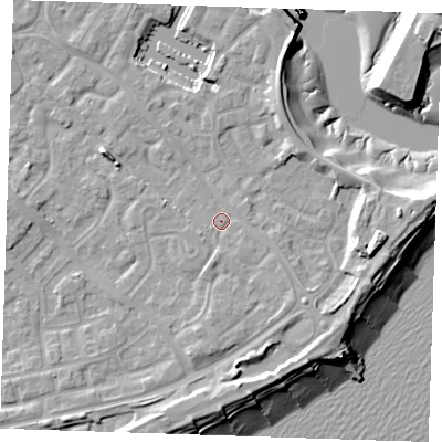 Shaded relief map of the ground around BN235RD, computed from Environment Agency LiDAR. The ground here sits at about 4 m above sea level and falls 13 m across the surrounding 800 m. Surface water reaching this point runs off ground lying to the south-east, 2.2 m higher.
