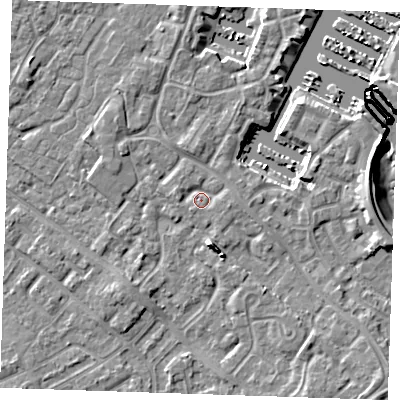 Shaded relief map of the ground around BN235RH, computed from Environment Agency LiDAR. The ground here sits at about 4 m above sea level and falls 10 m across the surrounding 800 m. Surface water reaching this point runs off ground lying to the east-south-east, 1.4 m higher.