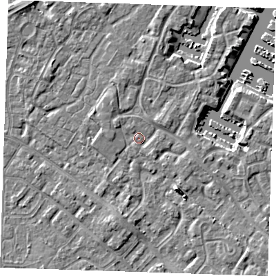 Shaded relief map of the ground around BN235RJ, computed from Environment Agency LiDAR. The ground here sits at about 3 m above sea level and falls 6 m across the surrounding 800 m. Surface water reaching this point runs off ground lying to the west-north-west, 1.6 m higher.