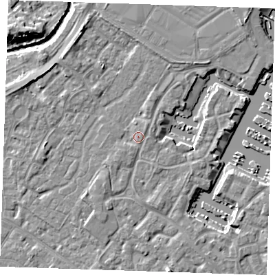 Shaded relief map of the ground around BN235RL, computed from Environment Agency LiDAR. The ground here sits at about 4 m above sea level and falls 9 m across the surrounding 800 m. Surface water reaching this point runs off ground lying to the north-east, 1.2 m higher.