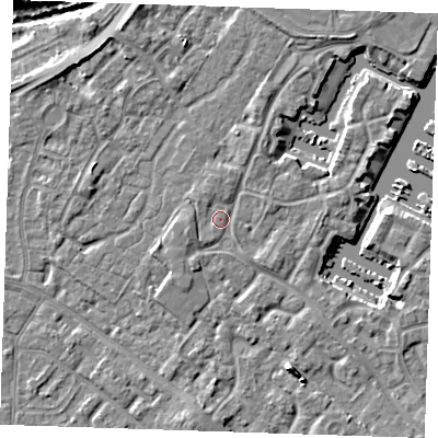 Shaded relief map of the ground around BN235RN, computed from Environment Agency LiDAR. The ground here sits at about 4 m above sea level and falls 6 m across the surrounding 800 m. Surface water reaching this point runs off ground lying to the west-south-west, 1.4 m higher.