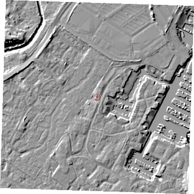 Shaded relief map of the ground around BN235RP, computed from Environment Agency LiDAR. The ground here sits at about 4 m above sea level and falls 12 m across the surrounding 800 m. Surface water reaching this point runs off ground lying to the south, 1.1 m higher.