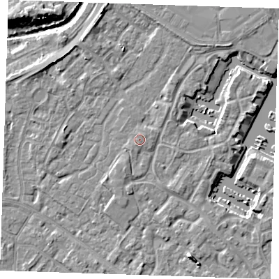 Shaded relief map of the ground around BN235RW, computed from Environment Agency LiDAR. The ground here sits at about 4 m above sea level and falls 9 m across the surrounding 800 m. Surface water reaching this point runs off ground lying to the south-west, 0.6 m higher.