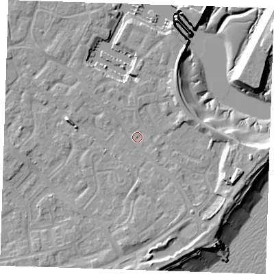 Shaded relief map of the ground around BN235SS, computed from Environment Agency LiDAR. The ground here sits at about 3 m above sea level and falls 13 m across the surrounding 800 m. Surface water reaching this point runs off ground lying to the south-east, 3.1 m higher.