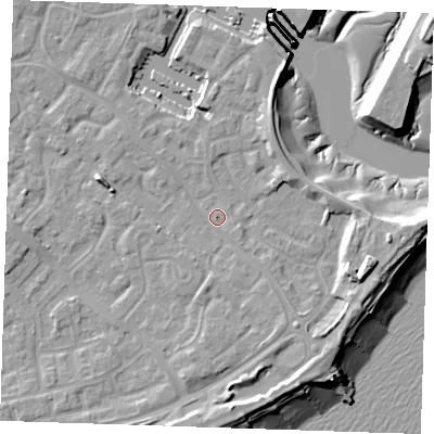 Shaded relief map of the ground around BN235ST, computed from Environment Agency LiDAR. The ground here sits at about 4 m above sea level and falls 13 m across the surrounding 800 m. Surface water reaching this point runs off ground lying to the south-east, 2.8 m higher.