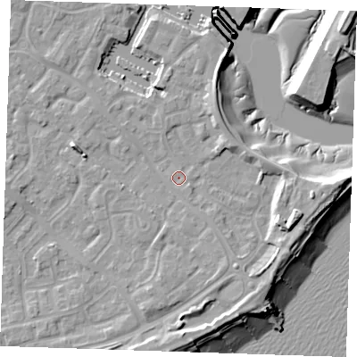 Shaded relief map of the ground around BN235SU, computed from Environment Agency LiDAR. The ground here sits at about 4 m above sea level and falls 13 m across the surrounding 800 m. Surface water reaching this point runs off ground lying to the east-south-east, 6.5 m higher.