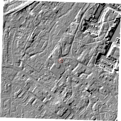 Shaded relief map of the ground around BN235SW, computed from Environment Agency LiDAR. The ground here sits at about 4 m above sea level and falls 6 m across the surrounding 800 m. Surface water reaching this point runs off ground lying to the north-north-west, 1.3 m higher.