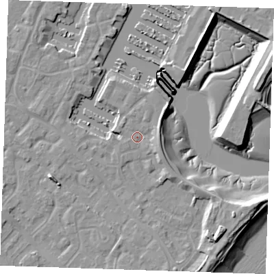 Shaded relief map of the ground around BN235SX, computed from Environment Agency LiDAR. The ground here sits at about 3 m above sea level and falls 13 m across the surrounding 800 m. Surface water reaching this point runs off ground lying to the south-east, 6.6 m higher.