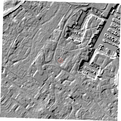 Shaded relief map of the ground around BN235SY, computed from Environment Agency LiDAR. The ground here sits at about 3 m above sea level and falls 10 m across the surrounding 800 m. Surface water reaching this point runs off ground lying to the west, 1.4 m higher.