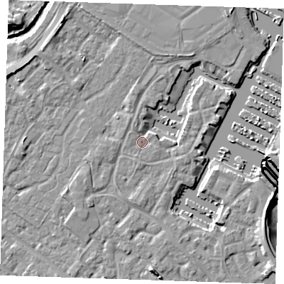 Shaded relief map of the ground around BN235SZ, computed from Environment Agency LiDAR. The ground here sits at about 3 m above sea level and falls 12 m across the surrounding 800 m. Surface water reaching this point runs off ground lying to the north-west, 1.5 m higher.