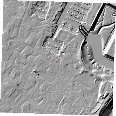 Shaded relief map of the ground around BN235TA, computed from Environment Agency LiDAR. The ground here sits at about 4 m above sea level and falls 13 m across the surrounding 800 m. Surface water reaching this point runs off ground lying to the south-east, 0.7 m higher.