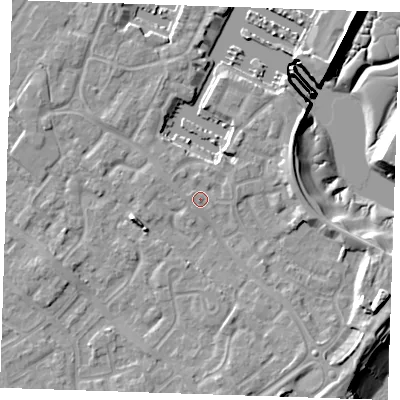 Shaded relief map of the ground around BN235TB, computed from Environment Agency LiDAR. The ground here sits at about 4 m above sea level and falls 13 m across the surrounding 800 m. Surface water reaching this point runs off ground lying to the east-north-east, 1.0 m higher.