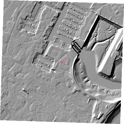 Shaded relief map of the ground around BN235TD, computed from Environment Agency LiDAR. The ground here sits at about 4 m above sea level and falls 13 m across the surrounding 800 m. Surface water reaching this point runs off ground lying to the south-south-east, 6.6 m higher.