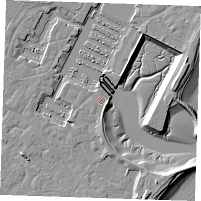 Shaded relief map of the ground around BN235TE, computed from Environment Agency LiDAR. The ground here sits at about 4 m above sea level and falls 13 m across the surrounding 800 m. Surface water reaching this point runs off ground lying to the south, 2.4 m higher.