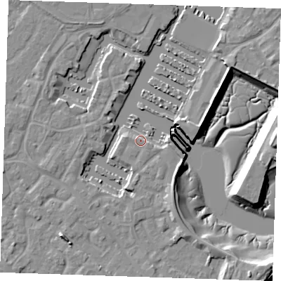 Shaded relief map of the ground around BN235TG, computed from Environment Agency LiDAR. The ground here sits at about 3 m above sea level and falls 12 m across the surrounding 800 m. Surface water reaching this point runs off ground lying to the west, 0.7 m higher.