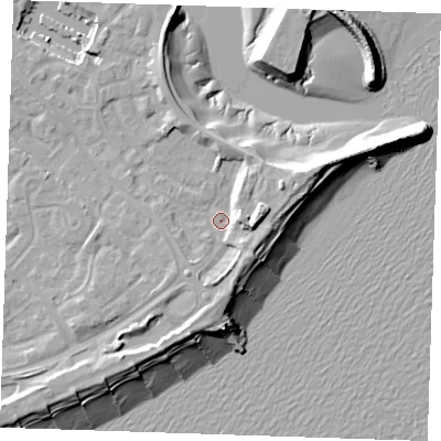 Shaded relief map of the ground around BN235TH, computed from Environment Agency LiDAR. The ground here sits at about 4 m above sea level and falls 13 m across the surrounding 800 m. Surface water reaching this point runs off ground lying to the east, 6.5 m higher.