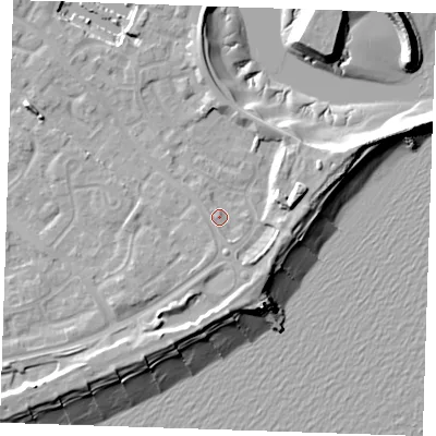 Shaded relief map of the ground around BN235TJ, computed from Environment Agency LiDAR. The ground here sits at about 5 m above sea level and falls 13 m across the surrounding 800 m. Surface water reaching this point runs off ground lying to the south-south-east, 1.8 m higher.