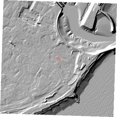 Shaded relief map of the ground around BN235TL, computed from Environment Agency LiDAR. The ground here sits at about 4 m above sea level and falls 13 m across the surrounding 800 m. Surface water reaching this point runs off ground lying to the east-south-east, 6.5 m higher.