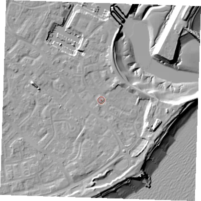 Shaded relief map of the ground around BN235TN, computed from Environment Agency LiDAR. The ground here sits at about 4 m above sea level and falls 13 m across the surrounding 800 m. Surface water reaching this point runs off ground lying to the east-south-east, 6.5 m higher.