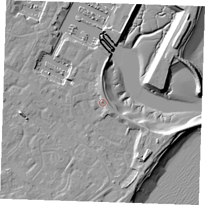 Shaded relief map of the ground around BN235TP, computed from Environment Agency LiDAR. The ground here sits at about 5 m above sea level and falls 13 m across the surrounding 800 m. Surface water reaching this point runs off ground lying to the north, 2.6 m higher.