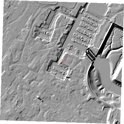 Shaded relief map of the ground around BN235TQ, computed from Environment Agency LiDAR. The ground here sits at about 3 m above sea level and falls 13 m across the surrounding 800 m. Surface water reaching this point runs off ground lying to the south-south-west, 5.7 m higher.