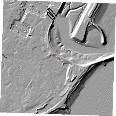 Shaded relief map of the ground around BN235TR, computed from Environment Agency LiDAR. The ground here sits at about 5 m above sea level and falls 13 m across the surrounding 800 m. Surface water reaching this point runs off ground lying to the south-east, 6.5 m higher.
