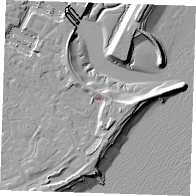 Shaded relief map of the ground around BN235TS, computed from Environment Agency LiDAR. The ground here sits at about 4 m above sea level and falls 13 m across the surrounding 800 m. Surface water reaching this point runs off ground lying to the south-south-east, 3.2 m higher.