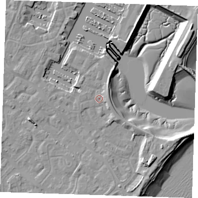 Shaded relief map of the ground around BN235TT, computed from Environment Agency LiDAR. The ground here sits at about 4 m above sea level and falls 13 m across the surrounding 800 m. Surface water reaching this point runs off ground lying to the south-east, 6.6 m higher.