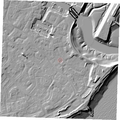 Shaded relief map of the ground around BN235TU, computed from Environment Agency LiDAR. The ground here sits at about 3 m above sea level and falls 13 m across the surrounding 800 m. Surface water reaching this point runs off ground lying to the east-south-east, 6.5 m higher.