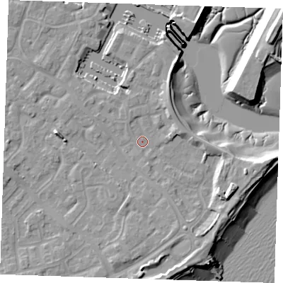 Shaded relief map of the ground around BN235TW, computed from Environment Agency LiDAR. The ground here sits at about 3 m above sea level and falls 13 m across the surrounding 800 m. Surface water reaching this point runs off ground lying to the west, 3.9 m higher.